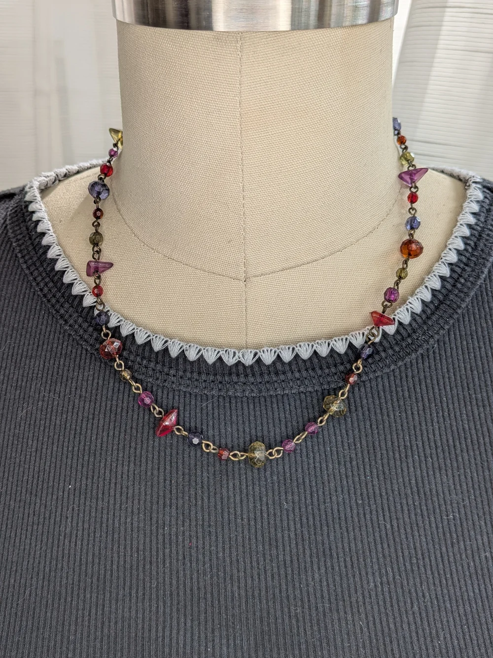 Vintage Antique Brass Multicolor Jewel Tone Glass Bead Wire Link Choker 16